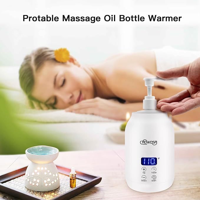 Massage Oil Warmer Bottle Professional Electric Lotion Digital Heater for SPA, Automatic Oil Warmer Heated Oil Lotion Cream for Salon, Barber Shops, Home, with Two Oil Bottle Dispenser (White)