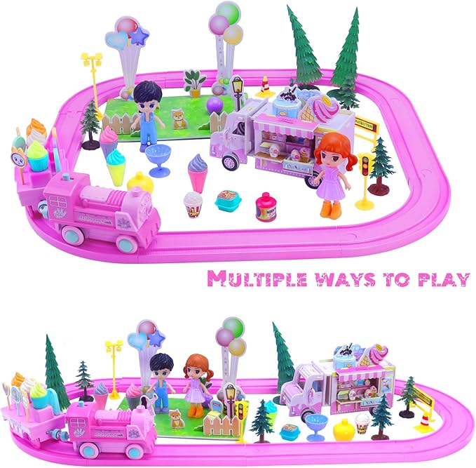Pink Classic Train Sets for Toddlers|Musical Electric Train Toys with DIY Ice Cream Truck 3D Foam Puzzles Party Scene Building Kit for Girls Boys 3-5 Years Old Parent-Child Interaction Birthday Gift-A