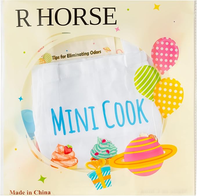 R HORSE Kid Apron and Chef Hat Set - 2Pcs White Mini Cook Adjustable Children Kitchen Toddler Apron for Girls Boys, Funny Dress up Pretend Play Toy Birthday Gift for Kids Cooking Baking Painting