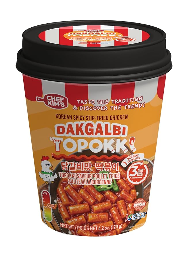 POCAS Chef Kim's Korean Instant Topokki Rice Cake Cups, Microwaveable Rice Cake Snack, Ready in 3 Minutes, 4.2 oz (120g) per Cup, 12 Tteokbokki Cups per Case, Authentic Korean Street Food. (Dakgalbi)