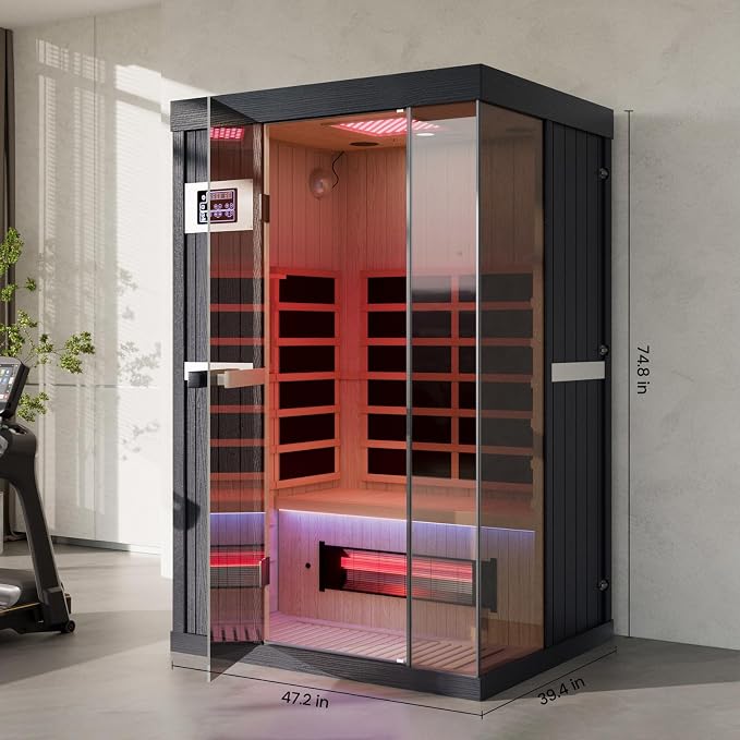 2-Person Full Spectrum Infrared Sauna, 1990W - 120V, 12 * 12" Red Light Therapy & 2 Built-in Speakers, Hemlock Wood Indoor Dry Traditional Sauna with Dual LED Controls for Home & Gym