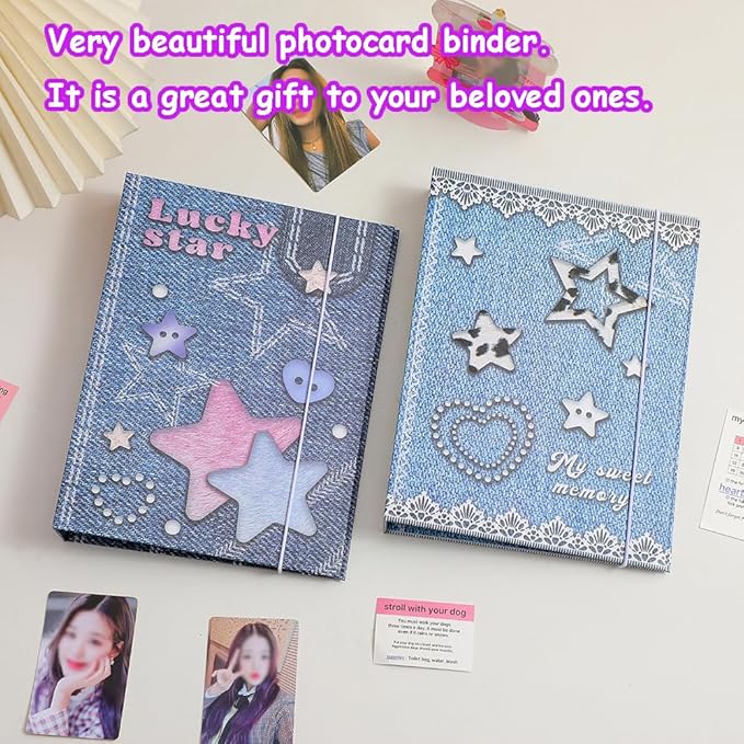 Kpop Photocard Binder with 6 Stickers Sheet & 50 Shinning Protective Sleeves Kpop Photocard Holder Book with Kpop Photocard, A5 Binder Photocard Album 30 Inner Pages with 240 Pockets (Jeans)