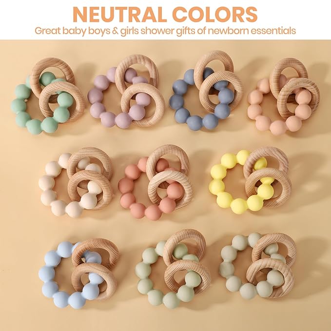 Socub Baby Teething Toys for 0-6 6-12 Months | BPA-Free Food-Grade Silicone & Natural Beech Wood Teether Ring for Newborn Infants Teething Relief | Easy-Grip Sensory Rattle Toys(Baby Blue)