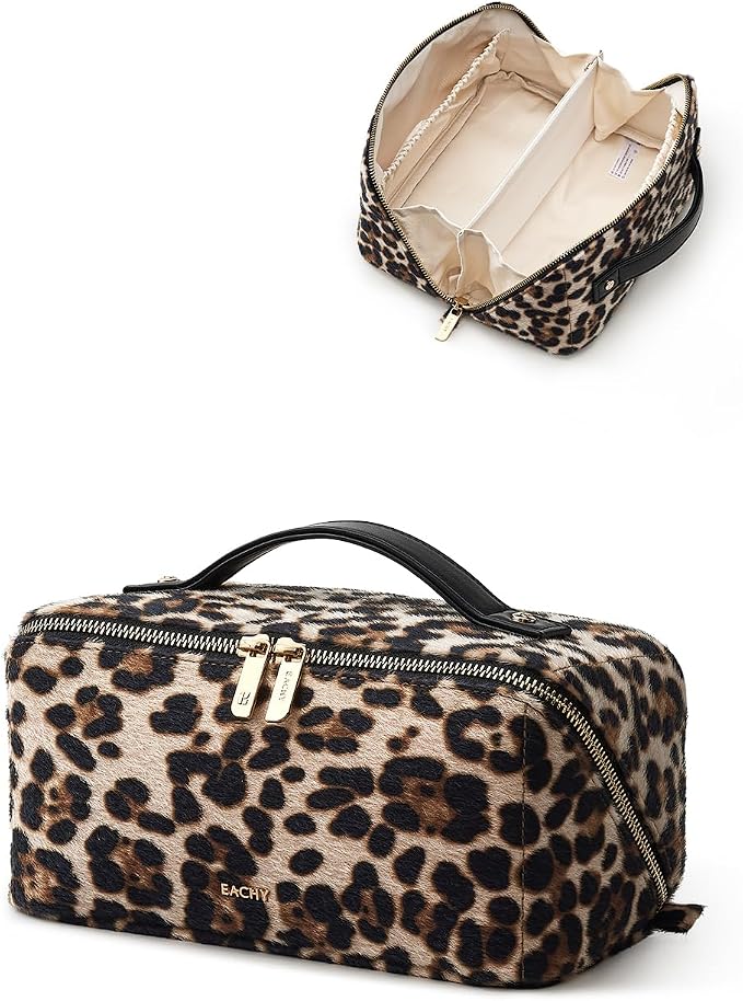 EACHY Travel Makeup Bag, Large Capacity Cosmetic Bag for Women, Waterproof PU Leather, Flat Open Portable Toiletry Bag for Skincare, Brushes & Travel Essentials