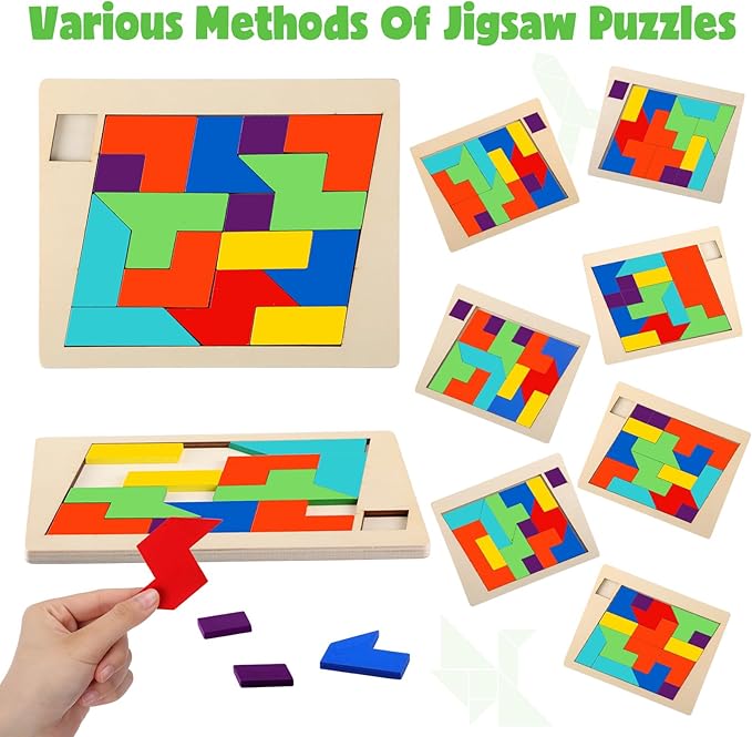 Yunsailing 3 Pack Hexagon Tangram Puzzle Wooden Brain Puzzles with Storage Bag Challenge Wood Russian Blocks Brain Teasers Geometric Jigsaw Block Logic Iq Stem for Family Party Gifts (Multilateral)