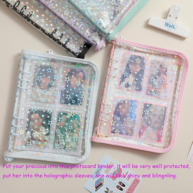 Kpop Photocard Binder A5 Kpop Photocard Holder Book with 50pc Holographic Photocard Sleeves&10 Korean Stickers, 6 Ring A5 Binder Photocard Album 25 Inner Pages with 200 Pockets