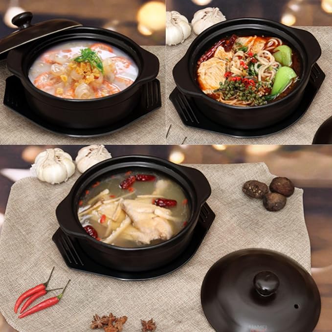 Korean Stone Bowl with Lid & Platter,Ceramic Pot Clay Pots for Cooking Hot Pots Rice Pot Dolsot Bibimbap and Soup Cookware 1200ml Includes Utensil Set