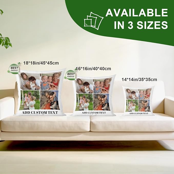 Bemaystar Custom Pillow with Picture & Text, Ships Next Day, Made in USA - Personalized Pillowcover- Love Keepsake, Customized Gifts, Mothers Day Decorative Throw Pillow(No Insert)-4photos