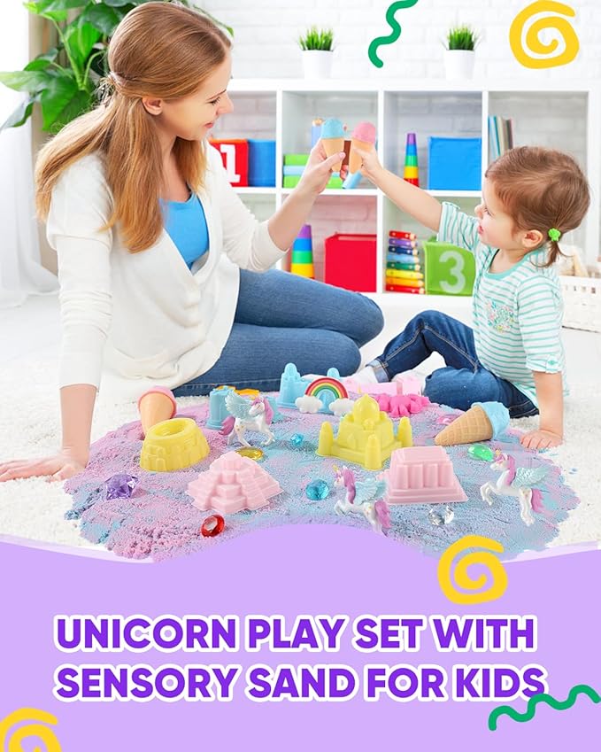 sikmcle Unicorn Sensory Bin Play Sand Kit for Girls Moulds Toddler Sand Art Kit with Sandbox for Kids for Toddlers Ages 3-8