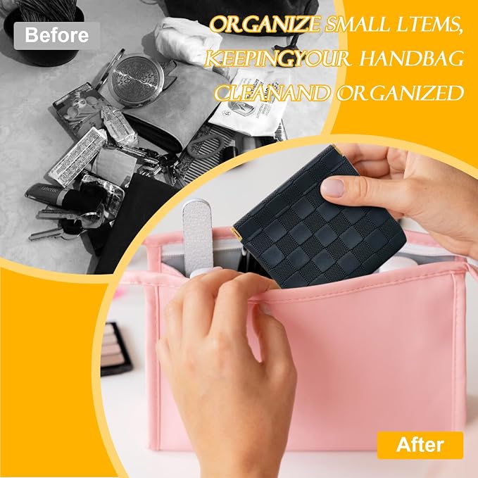 2 PCS Small Makeup Bag for Women, Small Pouches for Purse,Mini Checkered Cosmetic Bag Waterproof Pouch for Travel Storage bag, for Cosmetics Headphones Jewelry Cosmetic Lipstick Coins (Black, Pink)