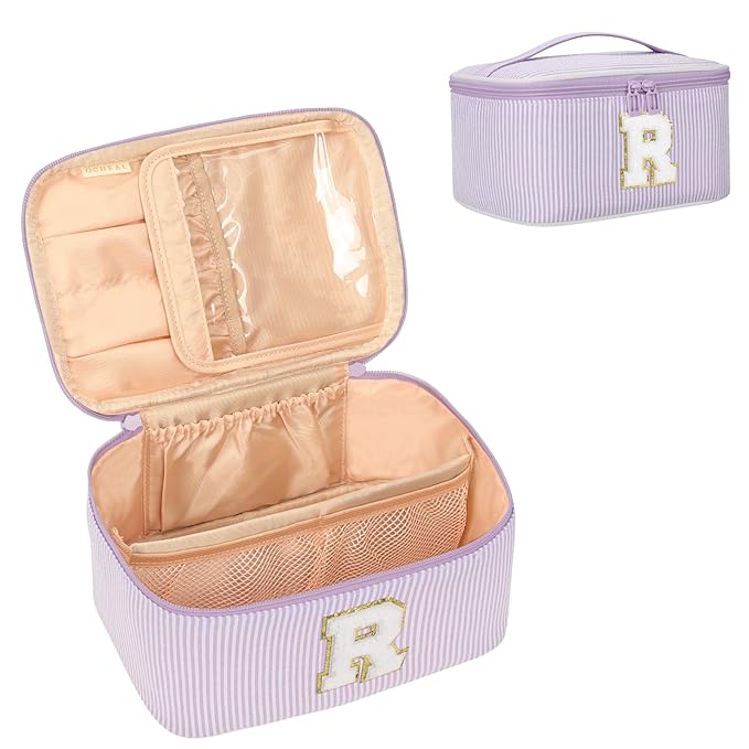 OCHEAL Makeup Bag Valentines Day Gifts for Women, Monogram Cosmetic Bag Purple Travel Makeup Case Beauty Toiletry Bag Organizer Personalized Gifts for Girls Bridesmaid, Sister, Wife, Friends Initial R