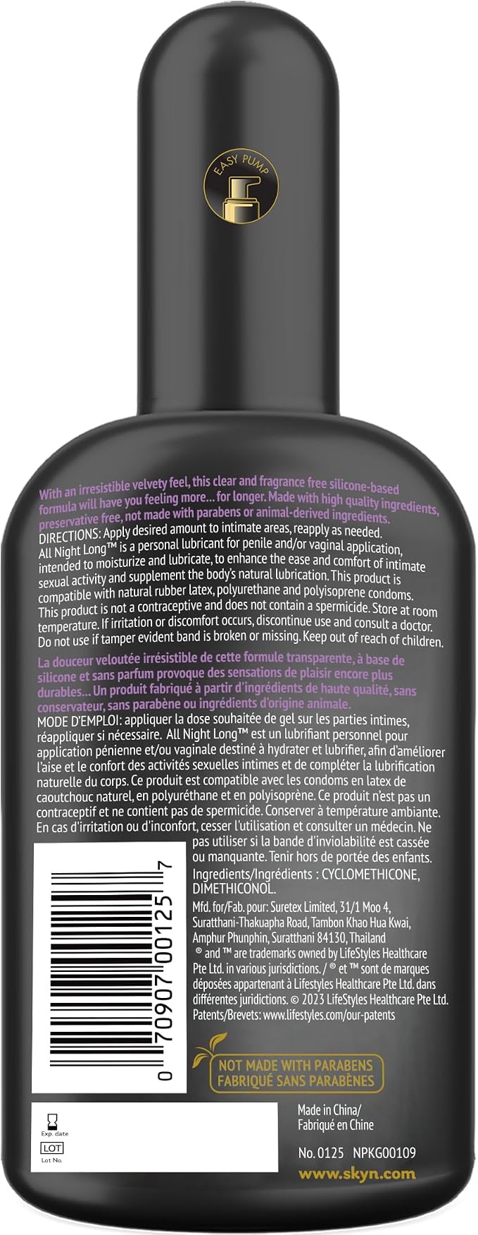 SKYN All Night Long Silicone-Based, Long Lasting Lube (8.5 oz) for Men, Women and Couples, Safe with Latex and Non-Latex Condoms