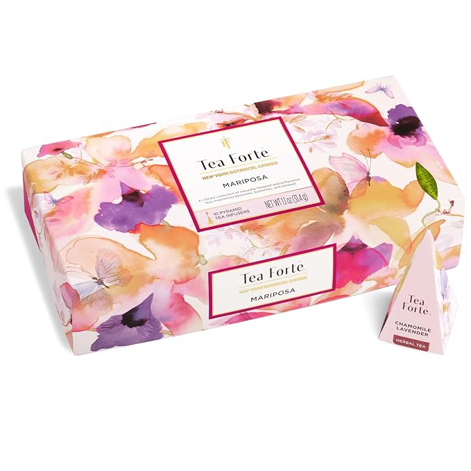 Tea Forte Premium Petite Presentation Box Gift Set Sampler, 10 Count, 2 of Each Blend Individually Wrapped Handcrafted Pyramid Infuser Bags, Mariposa