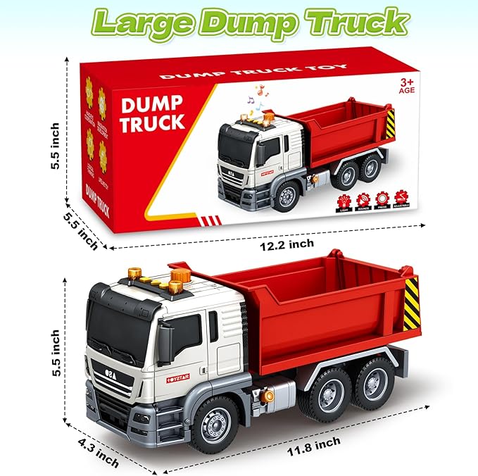 SpringFlower Dump Truck Toy for 3 4 5 6 7 Years Old Boy, Toy Dump Trucks Vehicle Toy with Sound and Light, Kids Toddlers Red Dump Truck Birthday Gifts for Boys & Girls