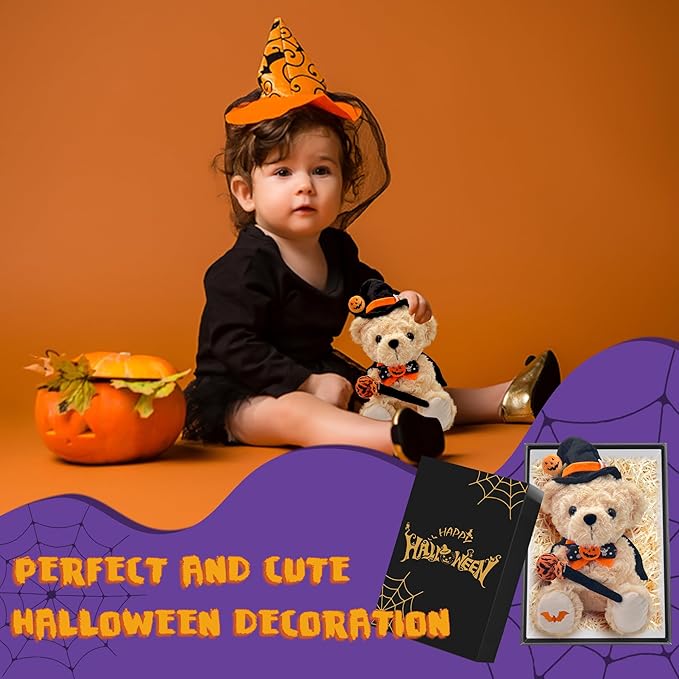 Teddy Bear Stuffed Animal Wizard Bear - Wizard Plush Toy for Party Decorations - 8 Inch Cute Orange Bear Plushies Stuffed Animal with Pumpkin Hat & Magic Wand