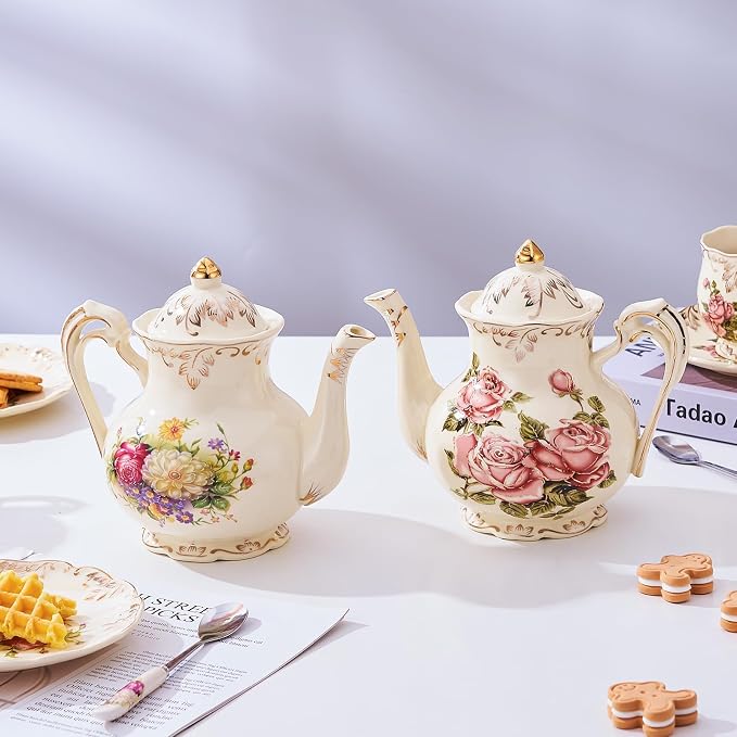 YOLIFE Small Pink Rose Teapot, 25 OZ/ 3 Cup Vintage Ivory Porcelain Tea Pot, Floral Teapot with Gold Trim, Gifts for Women