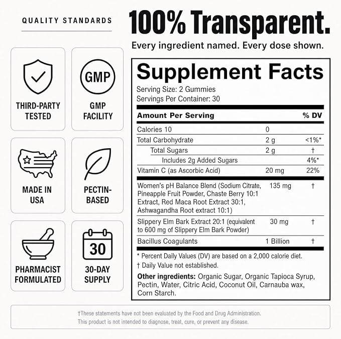 8-in-1 Slippery Elm Vaginal Probiotic Gummies for Women - Intimate Moisture, Balanced pH, Healthy Odor, Yeast Balance & Flora Support + Vitamin C - Tasty Pineapple (60 Count)