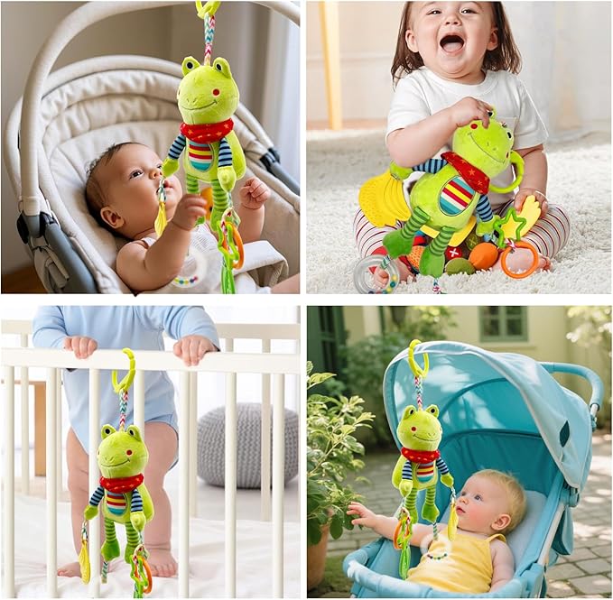 Baby Hanging Toys, Plush Animal Stuffed Sensory Toys for Carseat Stroller Car Seat Crib Play Gym, Baby Toys for 0 3 6 9 12 Months, Baby Boys and Girls Gift (Frog)