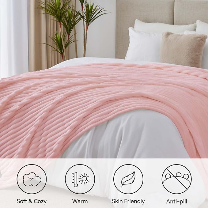 BEDELITE Ribbed Full Size Blanket for Bed, Pink, 84"x90" | Ultra-Soft Plush Fleece, Warm Yet Lightweight, Ribbed Texture, Home Decor, Machine Washable, Giftable, All-Season Use