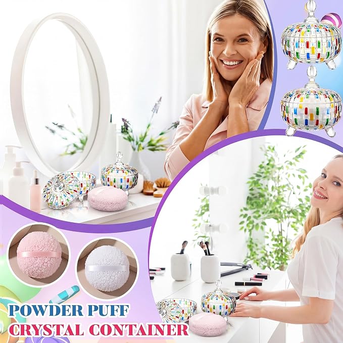 Tioncy 2 Set Extra Large Body Powder Puff and Container, 6'' Washable Vintage Decorative Crystal Powder & Container Gift for Bathroom Counter & Feminine Vanity Decor(Weave Design,Multicolor)