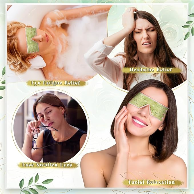 Chicingyou 8 Pcs Jade Eye Mask Bulk with 100% Real Jade Reusable Facial Cooling Mask with Beads for Hot and Cold Therapy to Reduce Wrinkles Puffiness Migrained and Anti-aging (Light Green)