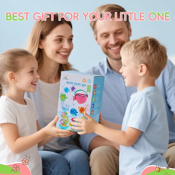 Toddler Bath Toys for Kids Ages 1-3, 17PCS Easy Clean & Colorful Mold Free Bath Toys for Babies 6-12 Months with Educational Stacking Cups Fun Bathtub Pool Water Toys for Toddler 2-4