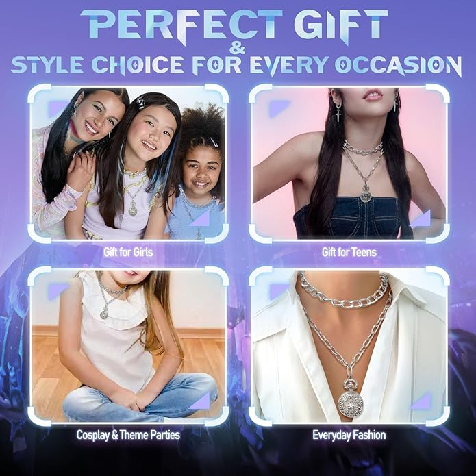 Demon Kpop Rumi Jewelry Set – Chain Necklace, Cross Earrings & Elastic Glass Bead Bracelet with RUMI Letters, Fan Inspired Costume Accessories