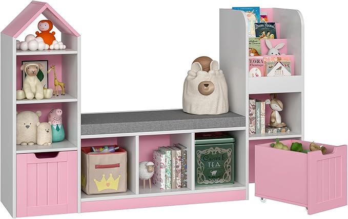 Kids Bookcase with Reading Nook, Bench Kids Bookshelf with 7 Storage Cubbies and 2 Movable Drawers, Multi-Purpose Toy Storage Organizer with Seat Cushion for Playroom, Bedroom, Living Room, Pink