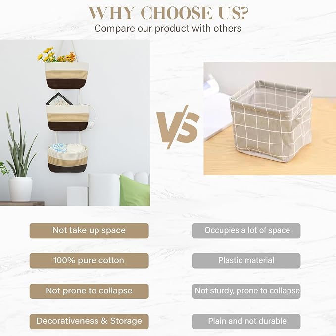 TeoKJ Over the Door Hanging Basket, 3-Tier Woven Cotton Wall-Mounted Storage Organizer Bag Decorative Hanging Nursery Baskets,Gradient Brown