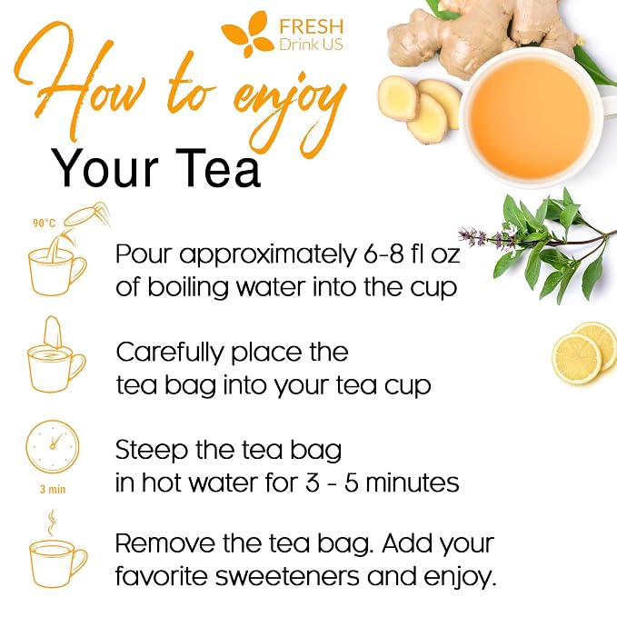 FreshDrinkUS, Premium 55 Tulsi Lemon Ginger Tea Bags, 100% Natural & Pure from Tulsi Holy Basil Leaves, Lemon and Ginger. Made with Natural Material Tea Bags. No Sugar, No Caffeine, Vegan.