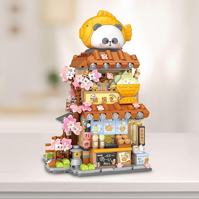 Cute Panda Mini Building Blocks Set, 858PCS MOC Mini Architecture Building Kits with Taiyaki Shop Street View Design - STEM Educational Construction Gift for Girls Boys Kids Adults