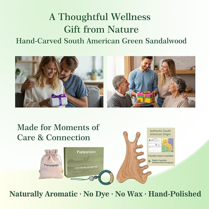 4-in-1 100% Green Sandalwood Massage Comb & Gua Sha Tool | 100% green sandalwood; 4-in-1 wooden scalp massager with smooth rounded edges; gift box, storage pouch and cord included