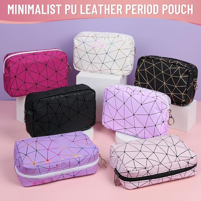 Tampon Holder for Purse Period Bag Waterproof Geometric PU Sanitary Napkin Storage Bag Portable Menstrual Cup Pad Pouch Cute Makeup Bag Feminine Gift Vibrant White