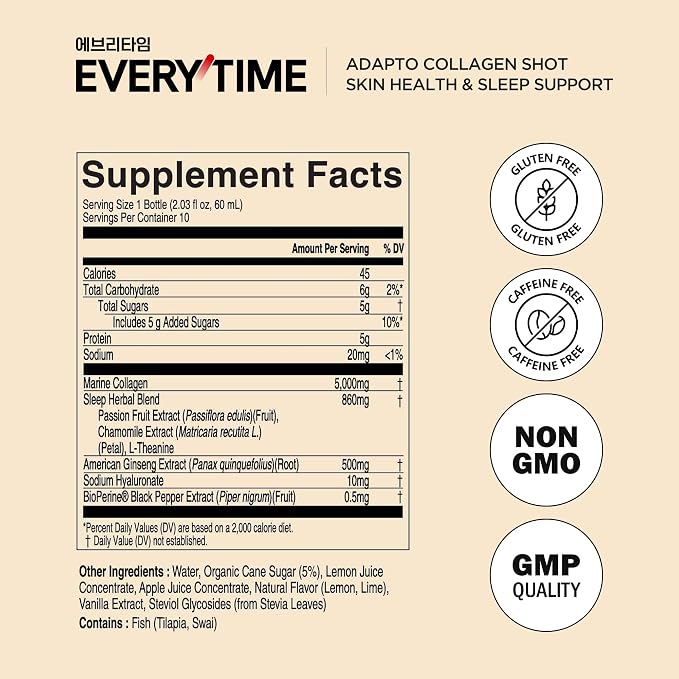 JUNG KWAN JANG Everytime Adapto Collagen Shot - Skin and Immune Support - Liquid Adaptogen Drink with Marine Collagen, Korean Red Ginseng & Vitamin C - No Gluten, No Caffeine (10 Bottles, 2.03 fl oz)
