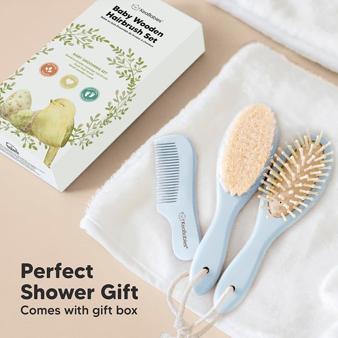 Wooden Baby Hair Brush Set for Newborns, Toddlers - Soft Goat Bristle Baby Brush and Comb Set Newborn Grooming Kit for Cradle Cap Care, Durable & Gentle, Boy, Girl Infant Essentials (Regular, Frost)