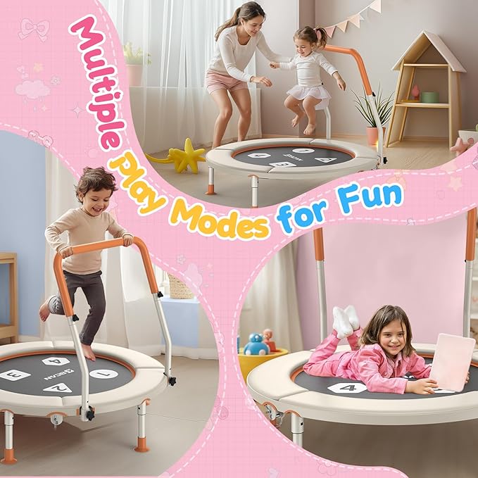 BCAN BT1 36'' Toddler Trampoline, ASTM Certified-Foldable Mini Trampolines for Kids Ages 1-6, Adjustable Handle, Safety Pad & Foldable Legs, Baby Trampoline Indoor/Garden, Gift for Boy and Girl
