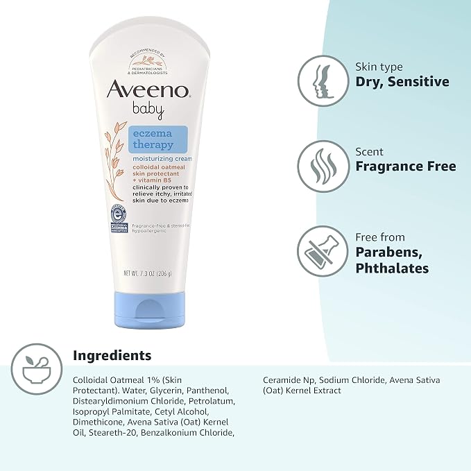 Aveeno Baby Eczema Therapy Moisturizing Cream, Natural Colloidal Oatmeal & Vitamin B5, Baby Eczema Cream for Dry, Itchy, Irritated Skin Due to Eczema, Paraben- & Steroid-Free, 7.3 oz (Pack of 12)