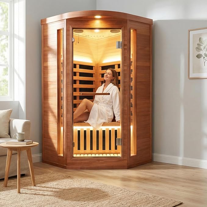 OUTEXER Corner Sauna for One Person Far Infrared Sauna Low-EMF African Mahogany Wood 1300W Indoor Saunas Wood Wax Oil on Outer Surface 37 * 37 * 71Inch