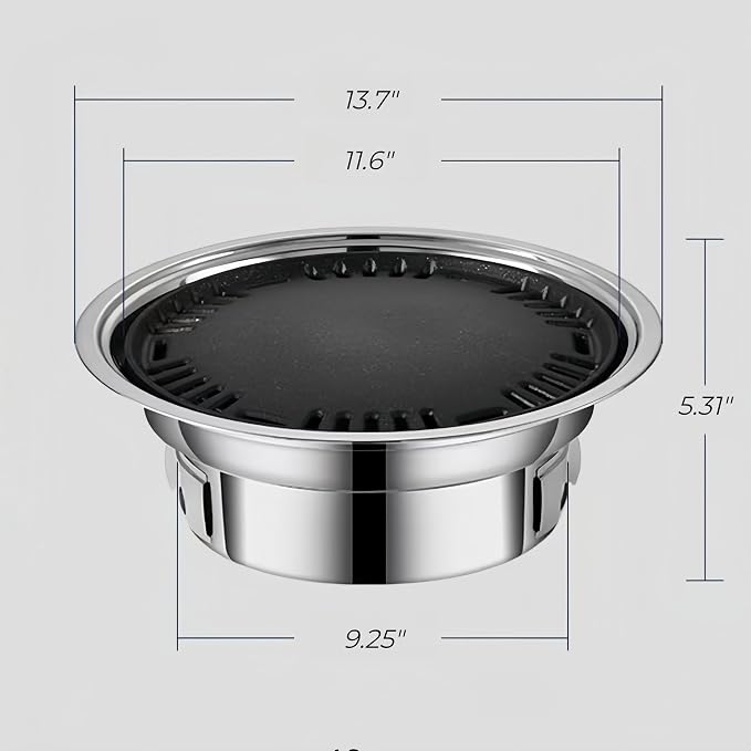 13.7 inch BBQ Charcoal Grill, Stainless Steel Round Korean Barbecue Grill, Portable Indoor Charcoal Grill with Grill Pan & Grill Net, Smokeless, Non-stick, for Indoor Grilling Outdoor Cooking Party