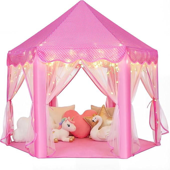 wilwolfer Princess Castle Play Tent for Girls Large Kids Play Tents Hexagon Playhouse with Star Lights Toys for Children Indoor Games (Pink)
