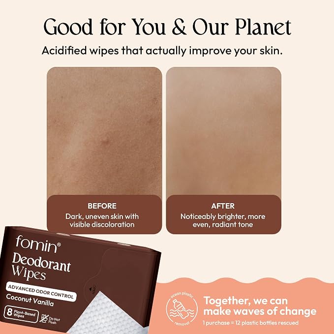 FOMIN Acidified Travel Deodorant Mini Wipes For Women & Men- Coconut Vanilla - 288 Count - pH Balanced, Biodegradeable Mini Deodorant Travel Size Wipes - Plastic-Free, Underarm Body Wipes