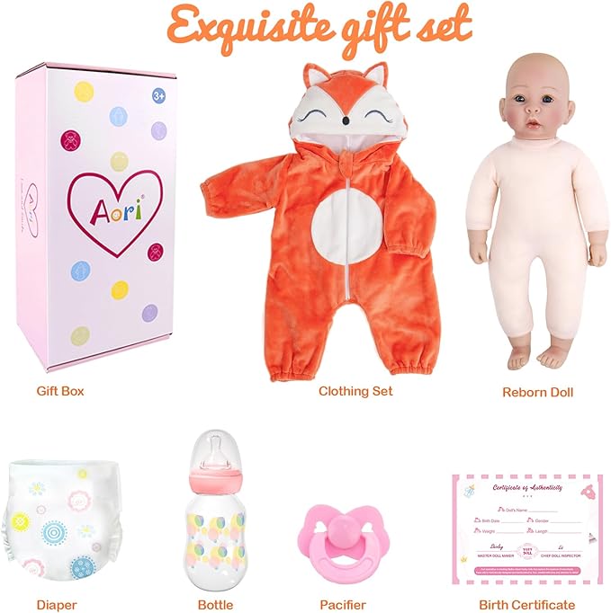 Aori Baby Dolls Lifelike 17 Inches - Realistic Baby Girl Doll Set with Feeding Toy Kit That Look Real, Nice Companion Gift Set for Kids, Grand-Parents, Collection