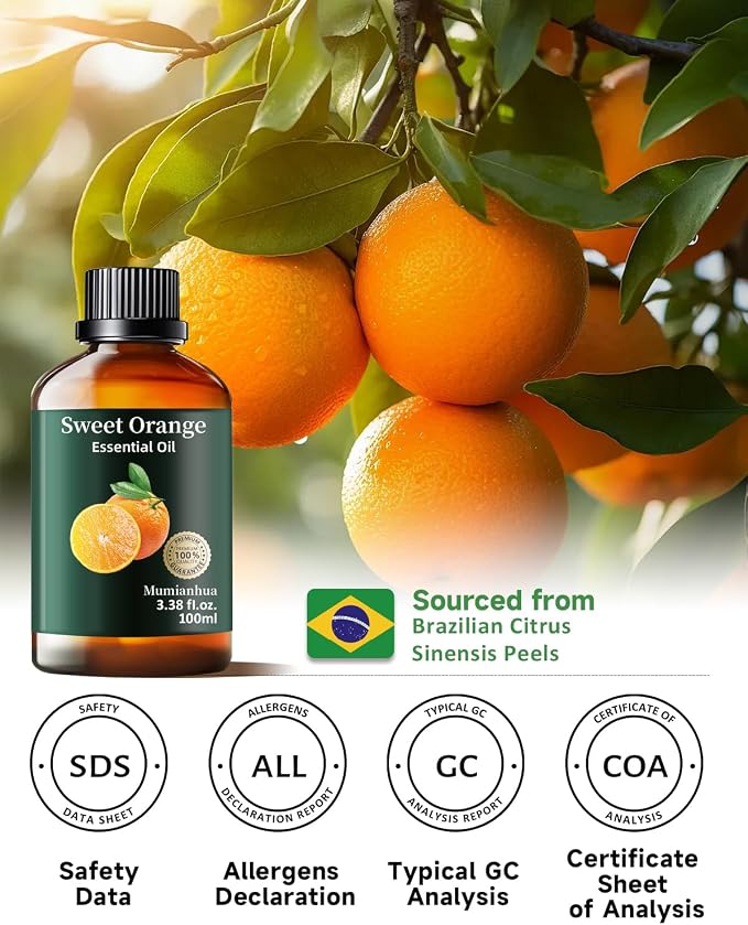 Orange Essential Oil, Fresh Scent, Aromatherapy & Cleaning, 3.38 Fl Oz | Mumianhua Cold-Pressed Orange Oil. Bright Citrus Scent. Skin-Safe for DIY Perfume, Soap & Candle Making, Cleaning & Diffusion