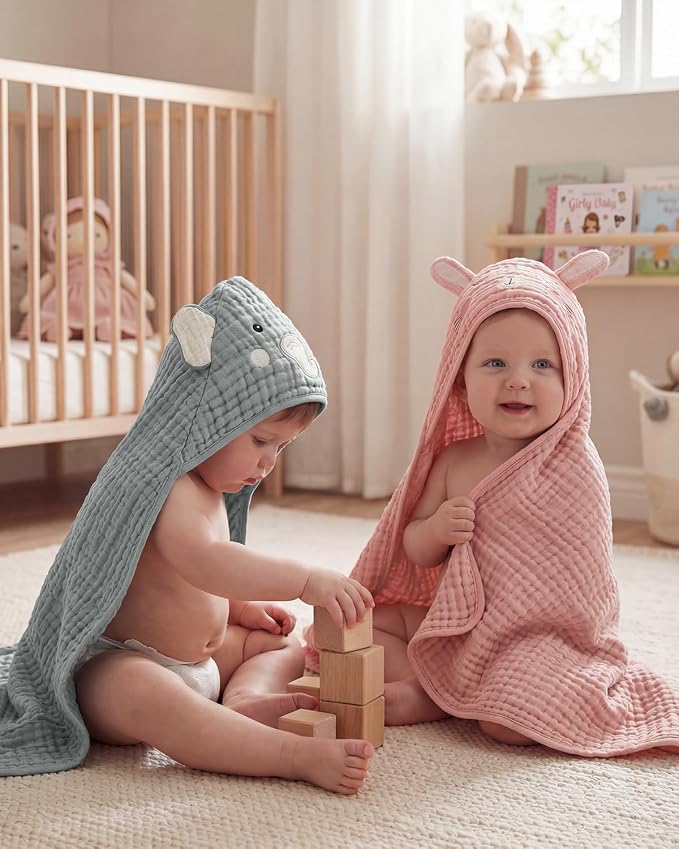Blissful Diary Muslin Baby Hooded Towel 2 Pack, Soft & Absorbent Bath Towel for Infant, Toddler, Unisex, Baby Gift, Newborn Essentials, Wise Elephant & Sweet Bunny