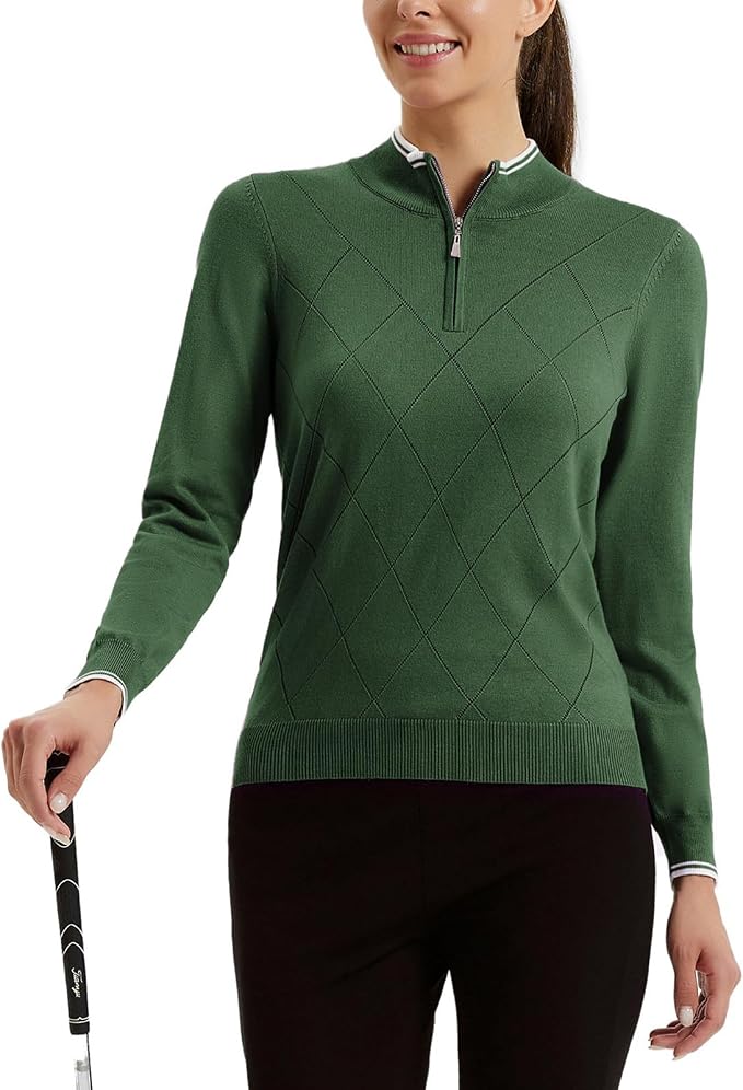 JACK SMITH Quarter Zip Pullover Sweaters for Womens, Rib Polo Sweater Tops | V Neck,Knit,Long Sleeve,Argyle,Open Pattern,Callar,Lightweight,Fashion,Golf Work Business Daily Wear Versatile Pullover Shirt