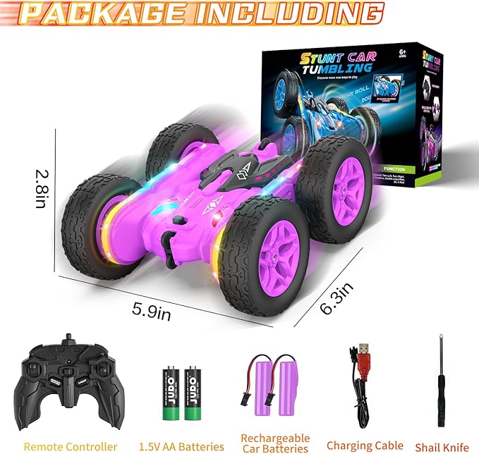 Remote Control Car, Rc Cars Stunt RC Car Toys New Upgraded Strip Lights and Headlights Girl Toys Double-Sided 360ยฐ Rotating 4WD Drift Truck for Boys Girls Birthday Gift (Purple)