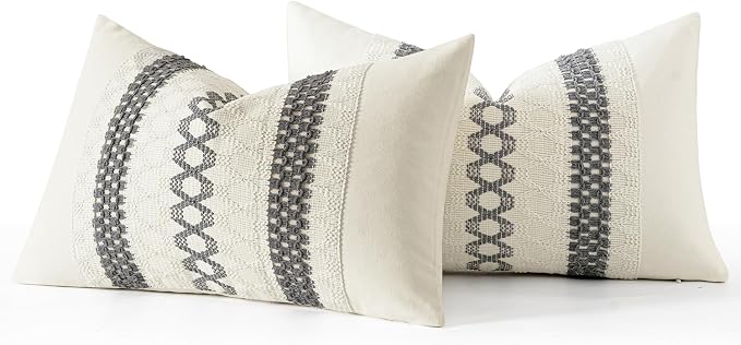 MIULEE Set of 2 Gray Boho Decorative Lumbar Pillow Covers 12x20 Inch | Farmhouse Couch Throw Pillows, Modern Cotton Cushion Covers, Macrame Woven Spring Home Decor for Bed Sofa Chair