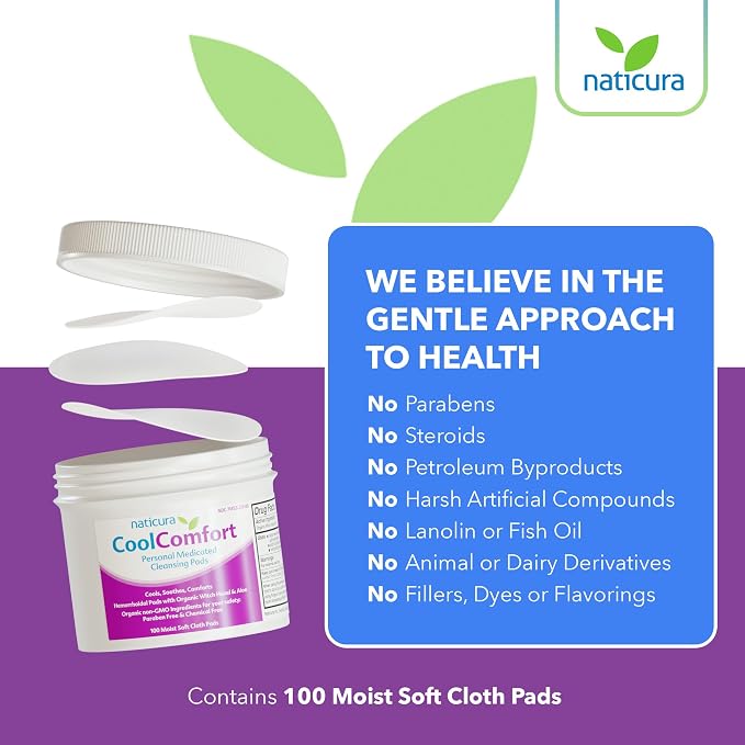 Naticura CoolComfort Hemorrhoid Relief Cleansing Pads - Fast Acting and All Natural with Organic Witch Hazel and Aloe Vera - Relieves Burning, Itching and Swelling - Made in USA - 100 Pads, 2 Pack