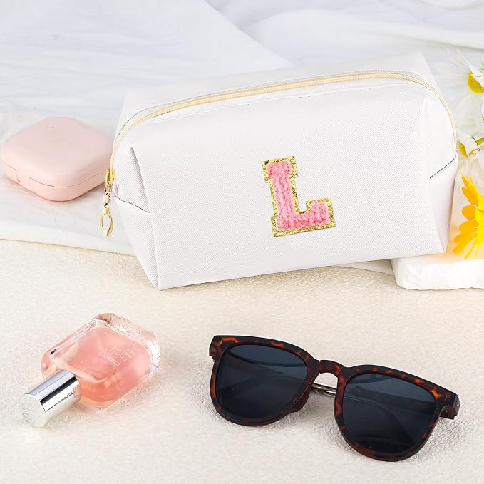 URSKYTOUS Initial Makeup Bag Personalized Preppy Travel Small Cosmetic Bag Cute PU White Chenille Letter Makeup Pouch for Purse Waterproof Zippered Toiletry Organizer for Women Girls Kids Friends (L)
