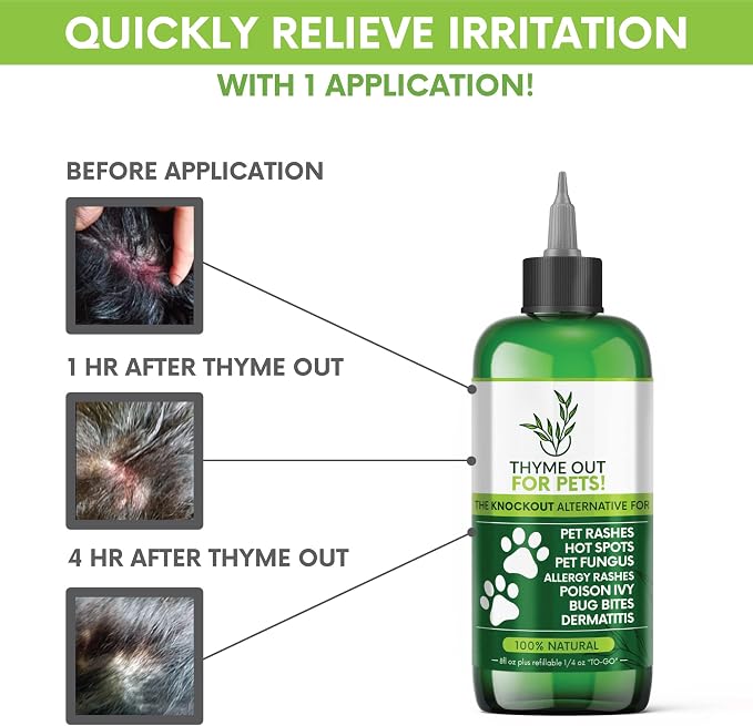 Thyme Out for Pets (8oz) - Natural Dog and Cat Itch Relief & Skin Treatment for Itchy Paws and Ringworm - Yeast Infection, Dandruff and Hot Spot Spray for Dogs - All Natural, Organic Blend